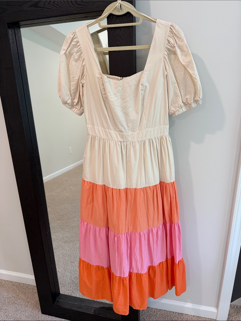 English Factory Cream, Coral & Pink Tiered Puff-Sleeve Midi Dress